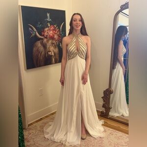 Chic Halter Evening Gown in White and Gold